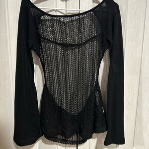 Black Sheer Knit Long Sleeve Top